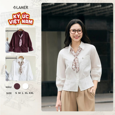 Áo Kiểu Nữ Sơ Mi Trắng Công Sở LAMER Phối Khăn Nhún Eo Dài Tay Cổ Đức Basic SPK O61H26Q007