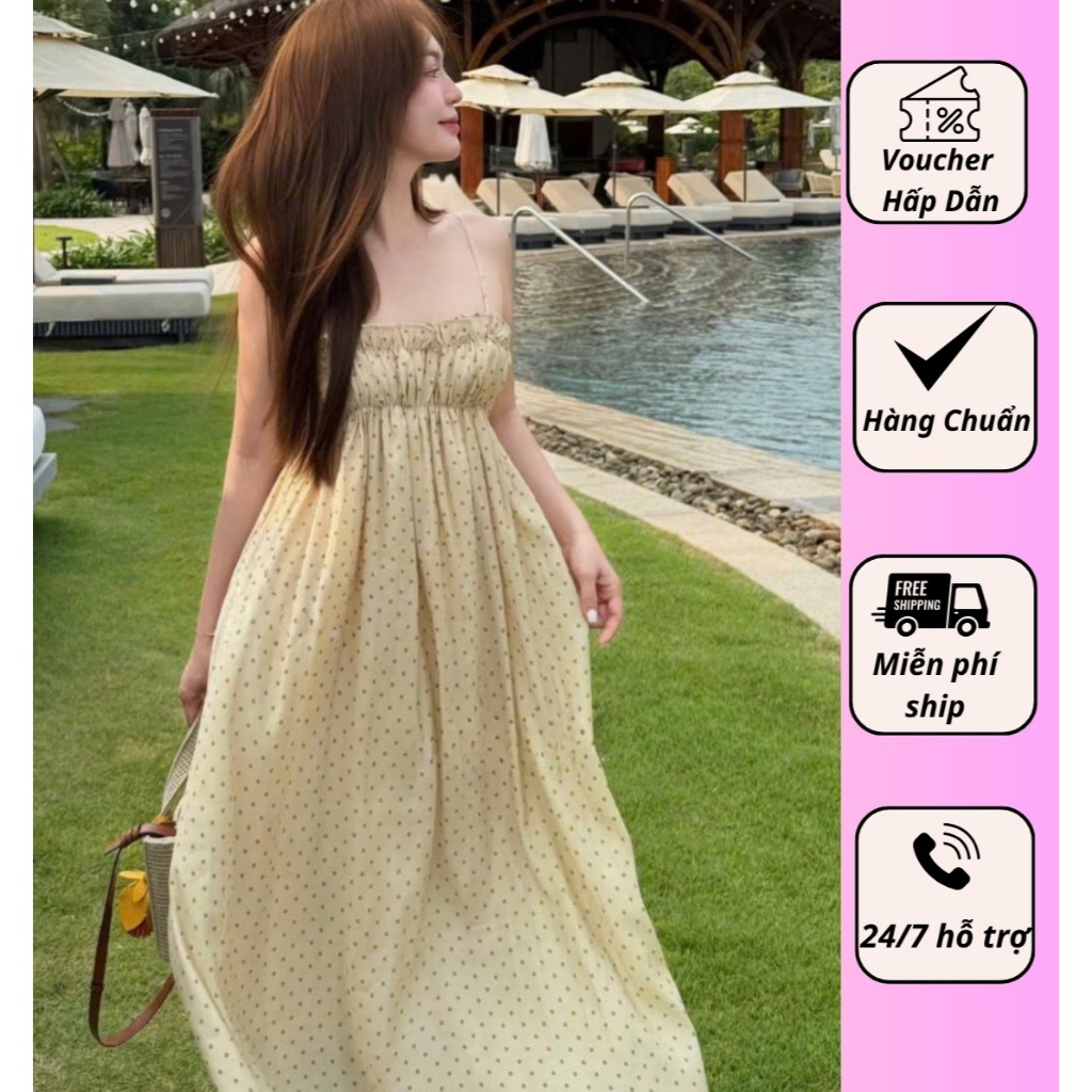 Váy Nữ, Váy Maxi Hai Dây Chấm Bi Dáng Dài Bồng Xòe Ngực Nhún Bèo Thướt Tha