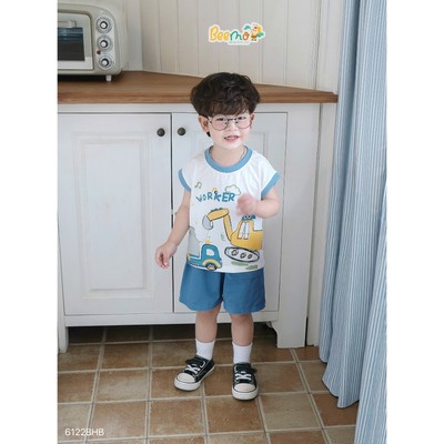 Set bộ ba lỗ Beemo in hình cần cẩu vải cotton kết hợp kaki cho bé đi chơi, đi biển từ 9-24kg 6122BHB