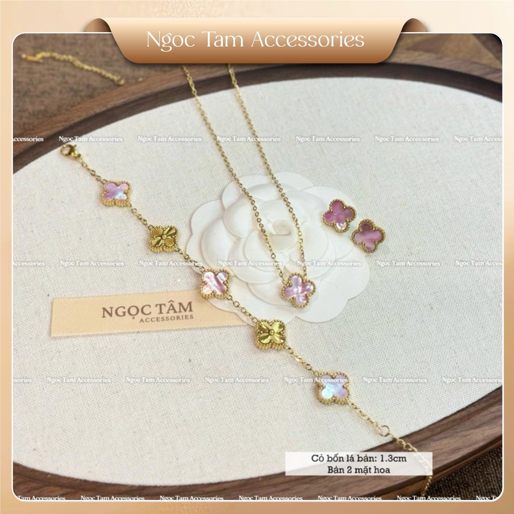 Bộ 3 món vòng cổ nữ cỏ bốn lá, vòng tay cỏ 4 lá không han gỉ kèm khuyên tai hồng xà cừ cao cấp