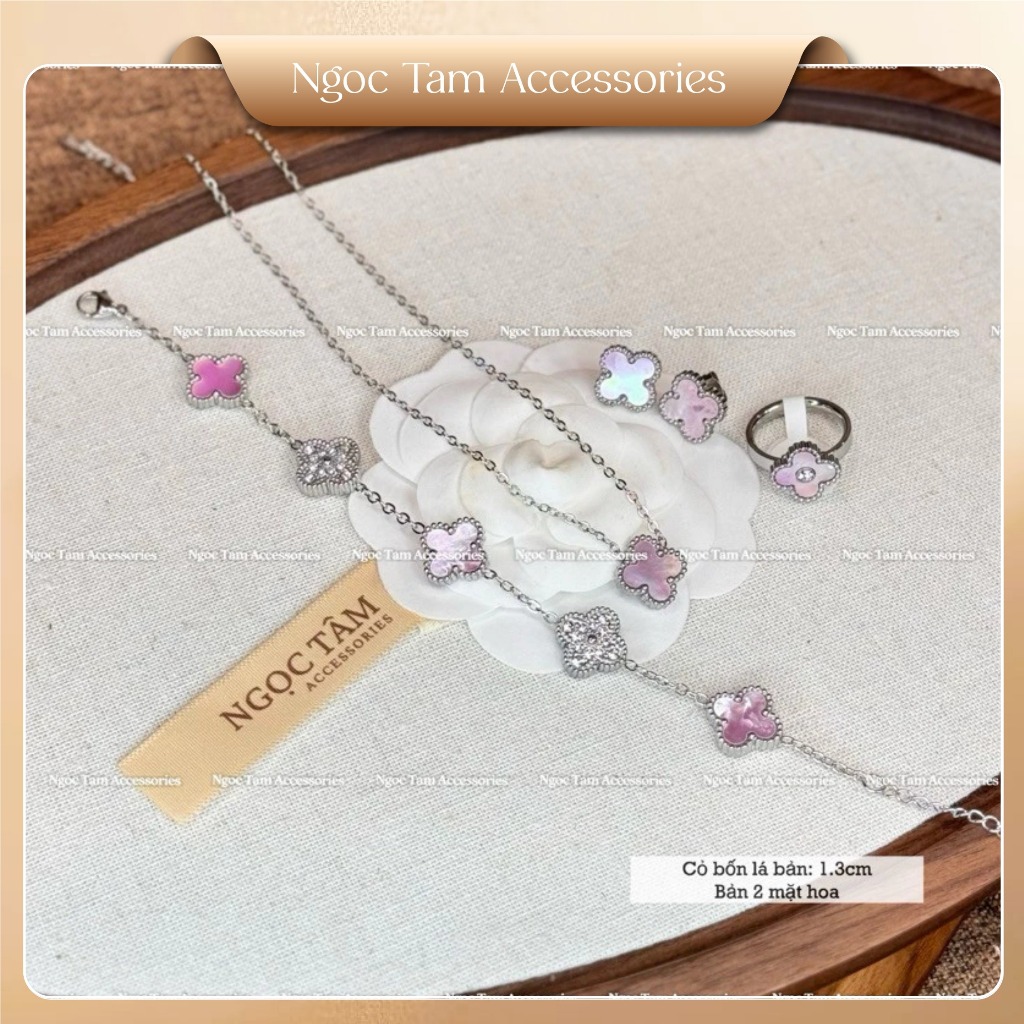 Bộ 3 món vòng cổ nữ cỏ bốn lá, vòng tay cỏ 4 lá không han gỉ kèm khuyên tai hồng xà cừ cao cấp