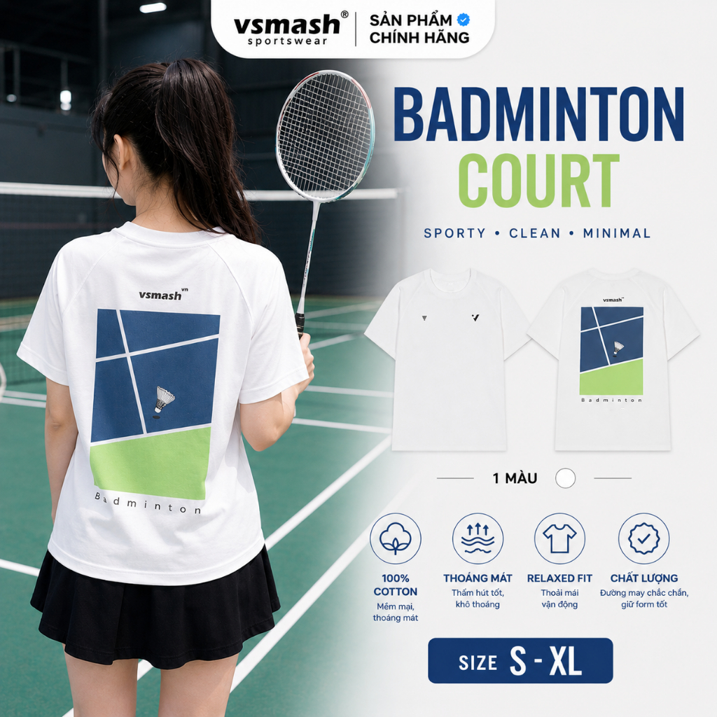 Áo Thun Cầu Lông Unisex Vsmash Sportwear – In lụa "Badminton Court" – Vải Bông Em Bé Mềm Mịn, Thoáng