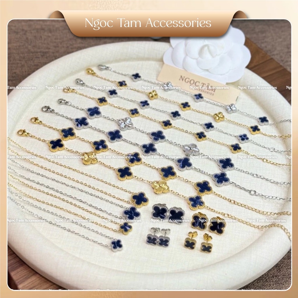 Bộ 3 món vòng cổ nữ cỏ bốn lá, vòng tay cỏ 4 lá không han gỉ kèm khuyên tai xanh than navy cao cấp