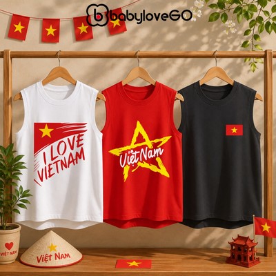 Áo cờ đỏ sao vàng Việt Nam cho bé BabyloveGO áo ba lỗ cho bé trai bé gái chất thun cotton co giãn thoải mái