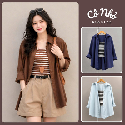 Áo Sơ Mi Bigsize Nữ Phối Áo Dây Kẻ Sọc Cá Tính Somi Tay Dài Form Trơn Basic SM20+A356