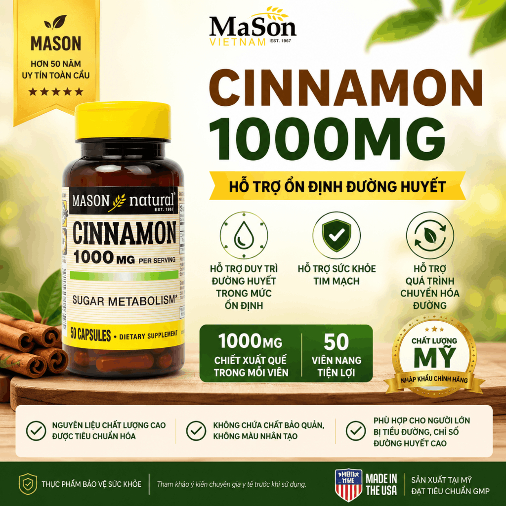 Viên uống hỗ trợ chuyển hoá đường Mason Natural Cinnamon 50 Viên