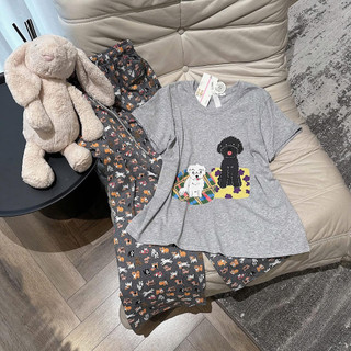 Set đồ ngủ nữ cute hình cún đáng yêu,set đồ thun cộc tay quần dài ống rộng màu xám tiêu hcom25233