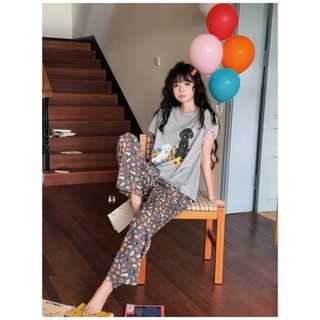 Set đồ ngủ nữ cute hình cún đáng yêu,set đồ thun cộc tay quần dài ống rộng màu xám tiêu hcom25233