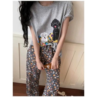Set đồ ngủ nữ cute hình cún đáng yêu,set đồ thun cộc tay quần dài ống rộng màu xám tiêu hcom25233