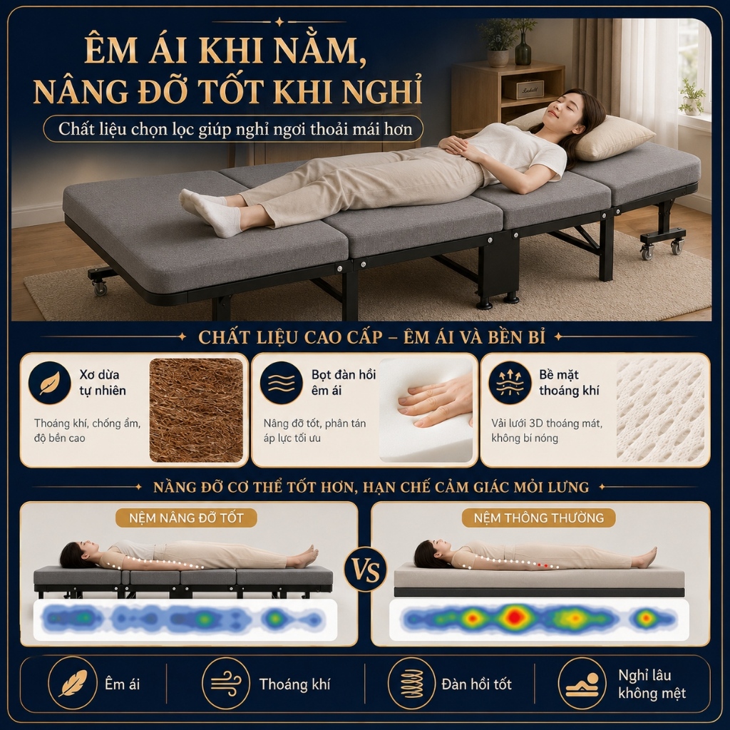 Giường Gấp Ngủ Trưa Văn Phòng Có Bánh Xe Di Chuyển Khung Thép Chắc Chắn cho dân văn phòng ngủ trưa | BigBuy360 - bigbuy360.vn