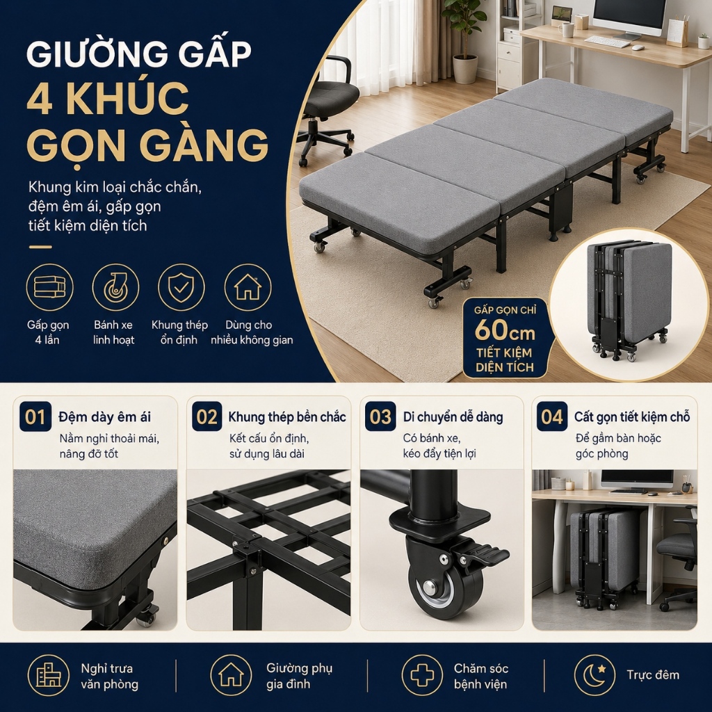 Giường Gấp Ngủ Trưa Văn Phòng Có Bánh Xe Di Chuyển Khung Thép Chắc Chắn cho dân văn phòng ngủ trưa | BigBuy360 - bigbuy360.vn