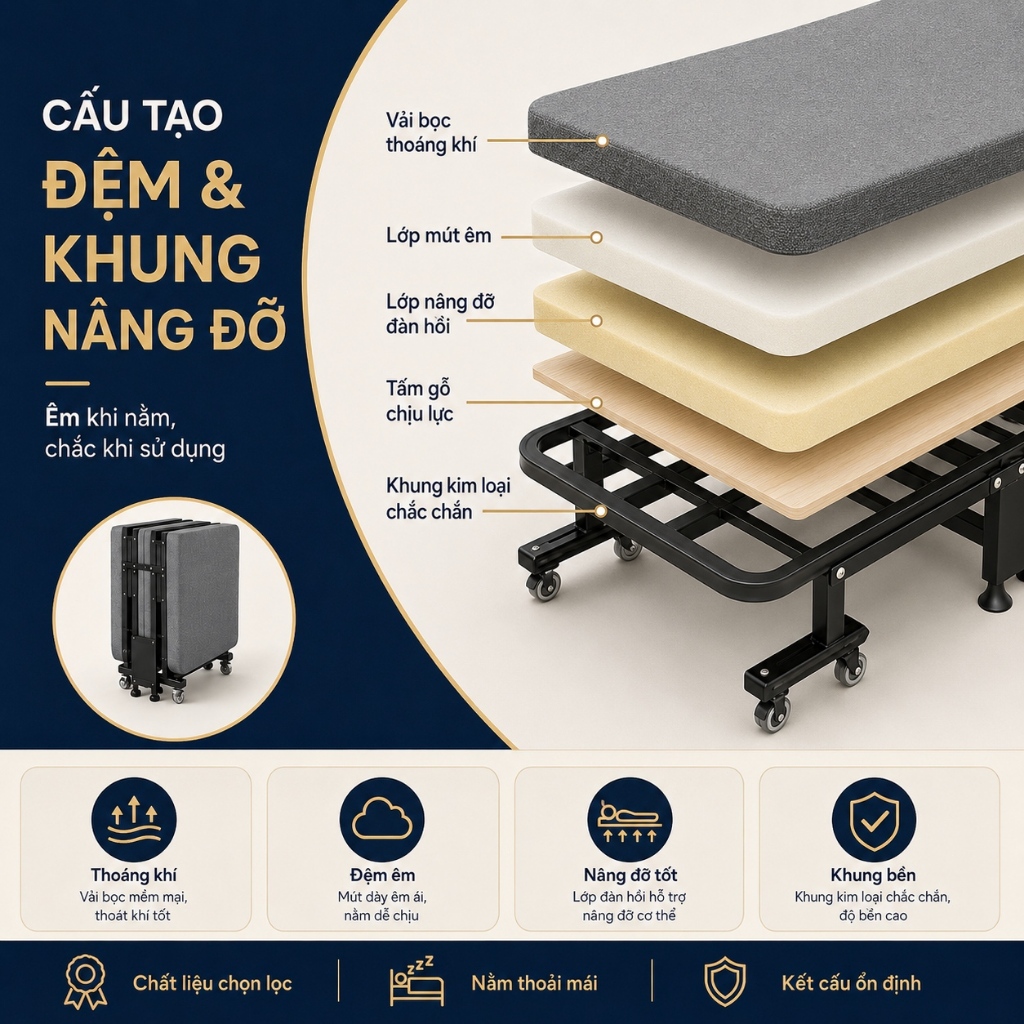 Giường Gấp Ngủ Trưa Văn Phòng Có Bánh Xe Di Chuyển Khung Thép Chắc Chắn cho dân văn phòng ngủ trưa | BigBuy360 - bigbuy360.vn