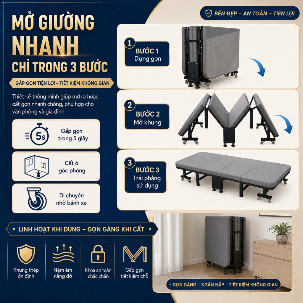Giường Gấp Ngủ Trưa Văn Phòng Có Bánh Xe Di Chuyển Khung Thép Chắc Chắn cho dân văn phòng ngủ trưa | BigBuy360 - bigbuy360.vn