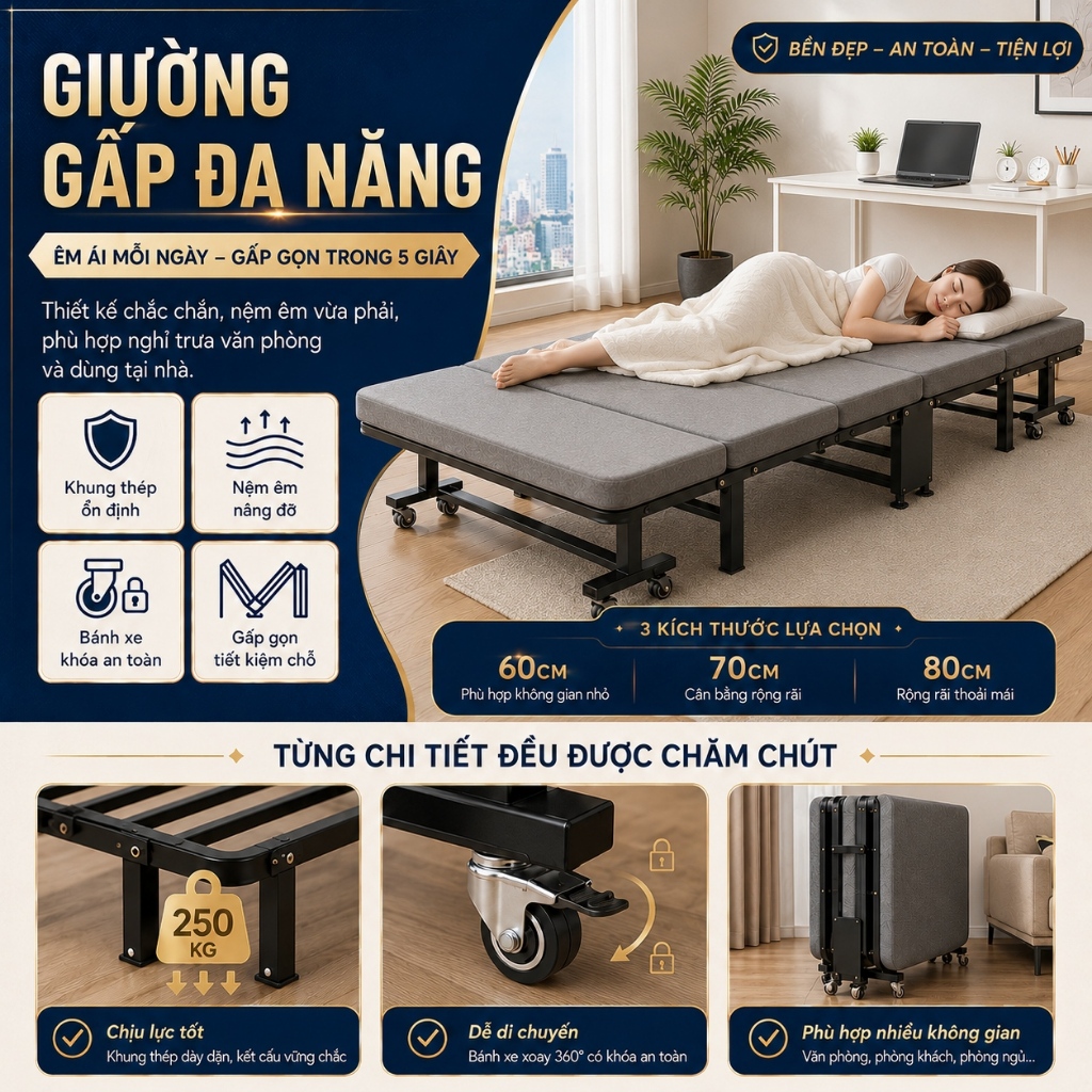 Giường Gấp Ngủ Trưa Văn Phòng Có Bánh Xe Di Chuyển Khung Thép Chắc Chắn cho dân văn phòng ngủ trưa | BigBuy360 - bigbuy360.vn
