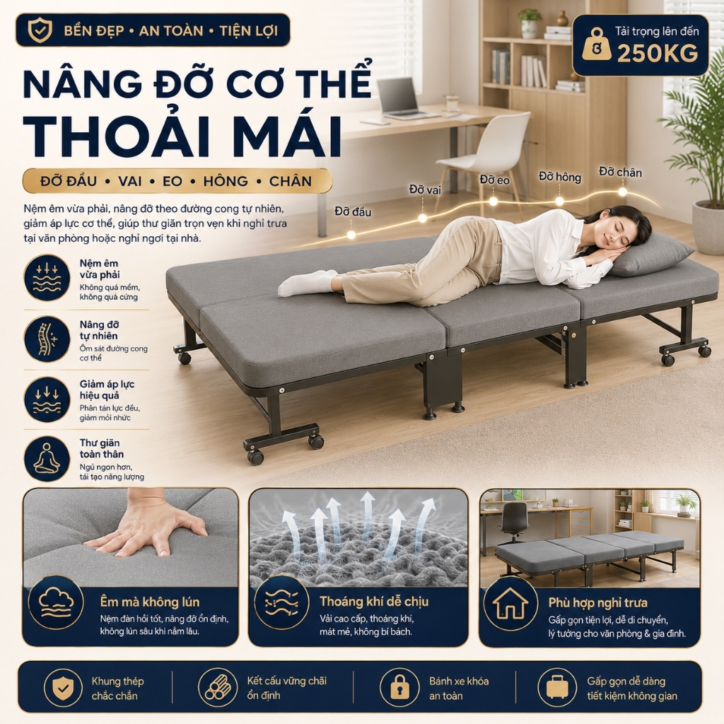 Giường Gấp Ngủ Trưa Văn Phòng Có Bánh Xe Di Chuyển Khung Thép Chắc Chắn cho dân văn phòng ngủ trưa | BigBuy360 - bigbuy360.vn