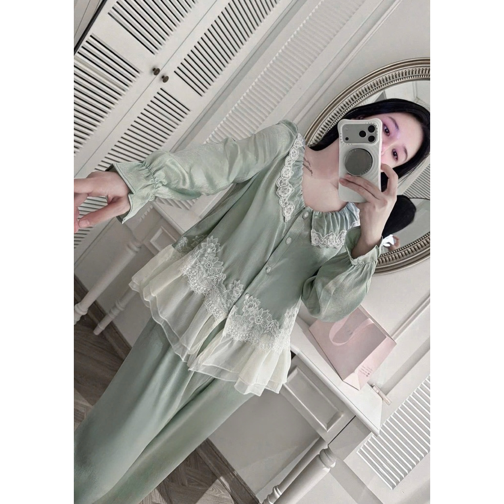 sét đồ bộ mặc nhà pijama chất latin lụa tay dài quần dài có túi mềm mịn