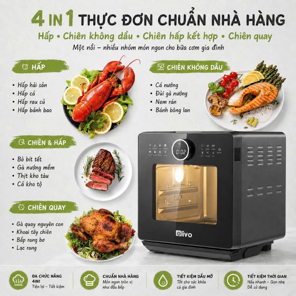 Nồi Chiên Hấp Đa Năng OLIVO SF16 PRO 16L Giảm Dầu Mỡ