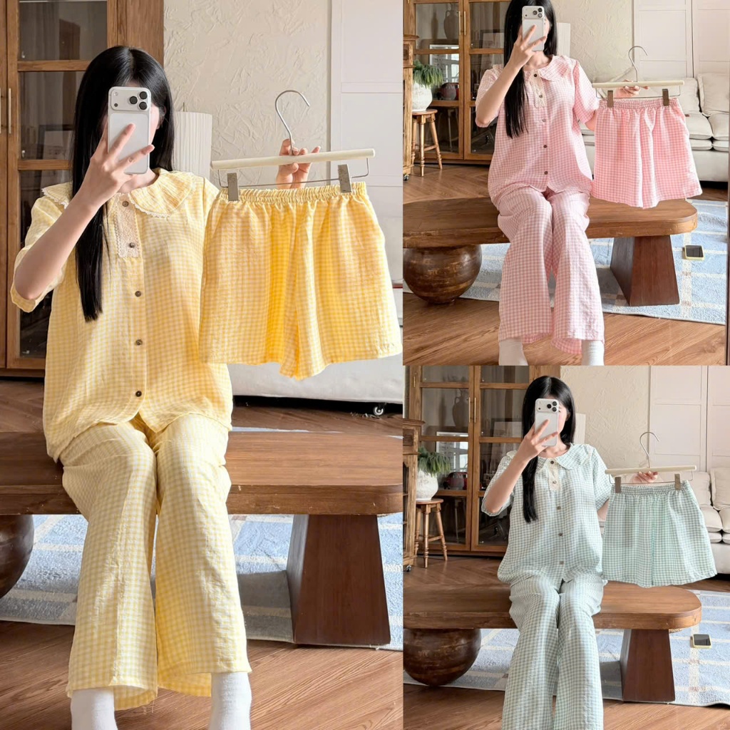 Set Pyjamas 3 chi tiết BY CHANN (BN16) gồm áo cộc quần dài và quần ngắn, chất liệu đũi mềm có bigsiz