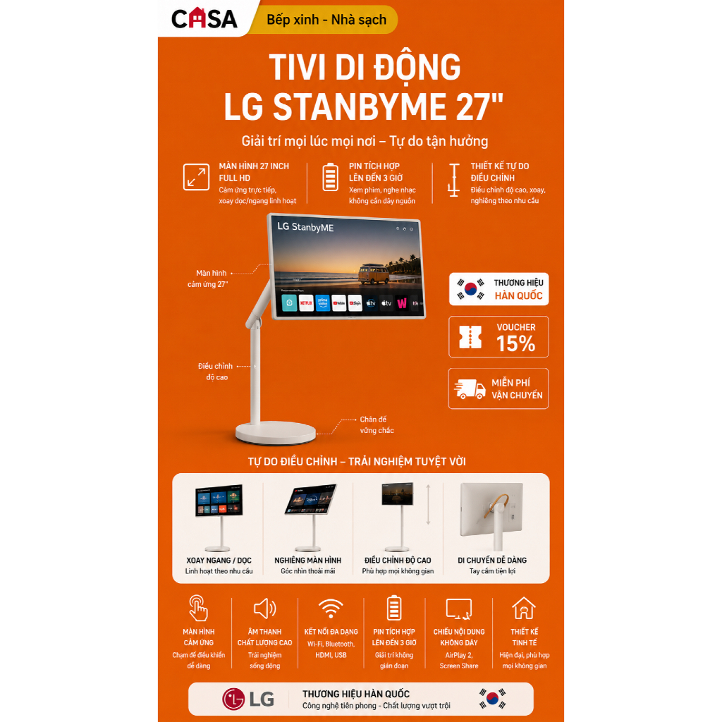 Tivi LG Stand By Me 2 LG 27LX6TDGA, Smart TV, Màn Hình 27 inch, Model 2025