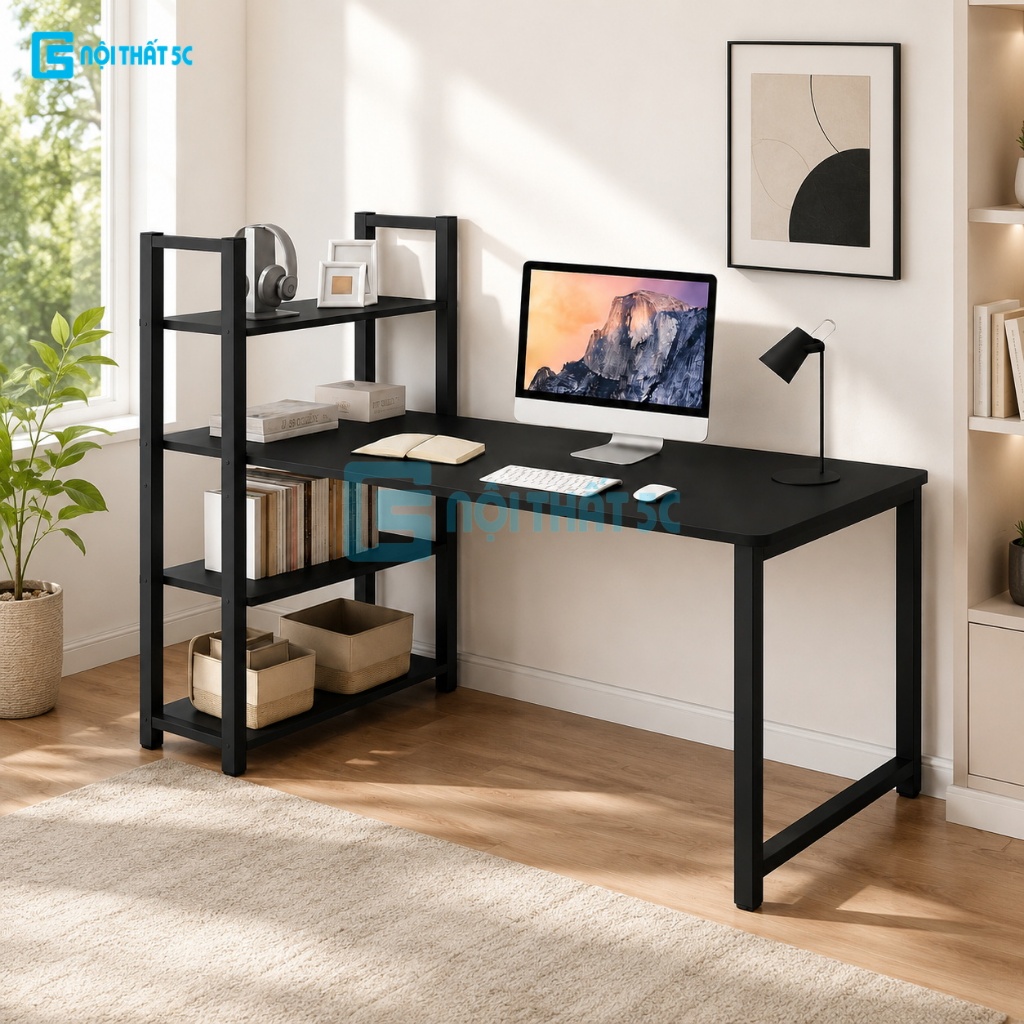 Bàn làm việc, bàn học Nội Thất 5C H-Table, khung sắt 25x25mm kèm giá sách 4 tầng sơn tĩnh điện chịu lực cao, mặt gỗ MDF