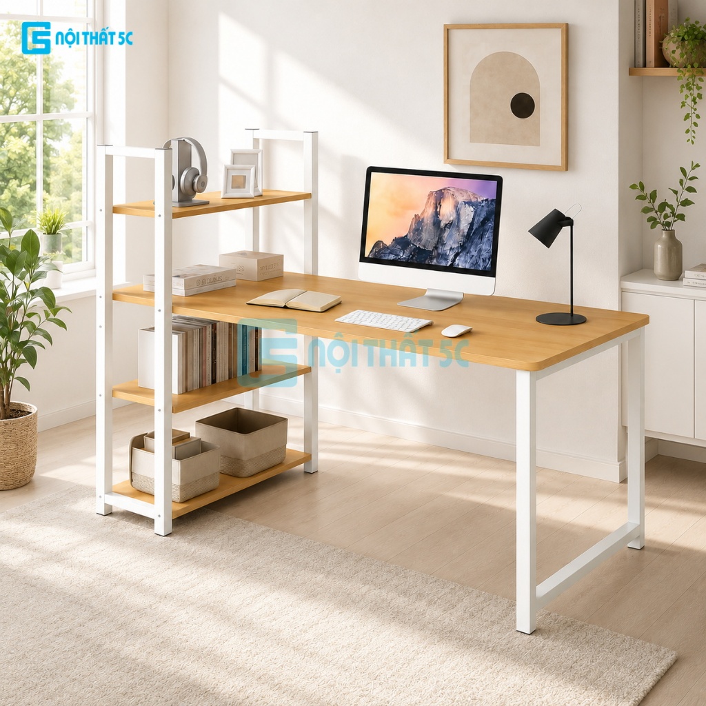 Bàn học Nội Thất 5C đa năng có giá sách khung sắt chịu lực chắc chắn, bàn làm việc lắp ráp thông minh