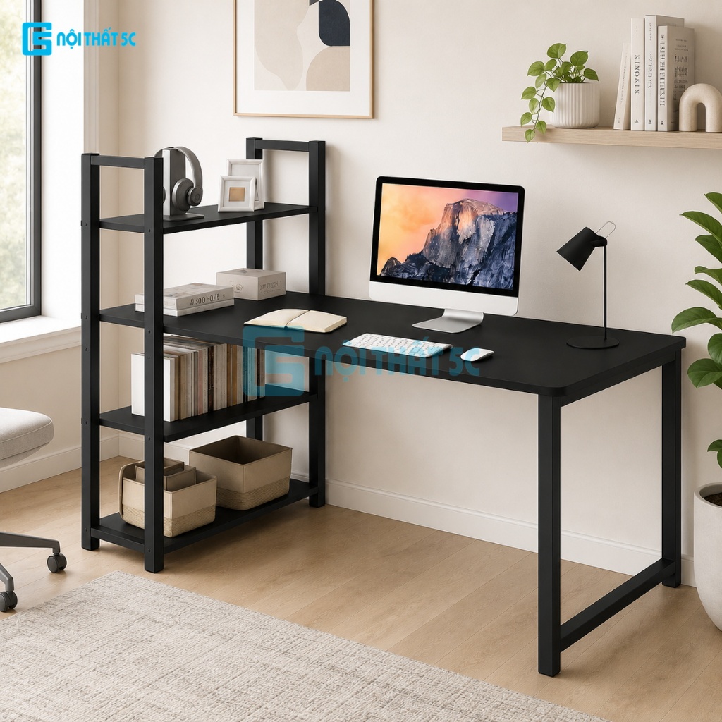 Bàn Làm Việc, Bàn Học Nội Thất 5C H-Table, T-Table Kèm Giá Sách Khung Thép 25x25mm Sơn Tĩnh Điện, Mặt Gỗ MDF Dày 15mm