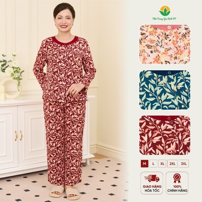 Đồ bộ lanh tole trung niên dài tay  Việt Thắng, quần dài, áo dài tay họa tiết - B10.5135