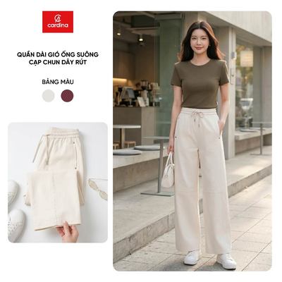 Quần dài nữ CARDINA chất liệu thô mềm ống suông cạp chun dây rút 6QDT26