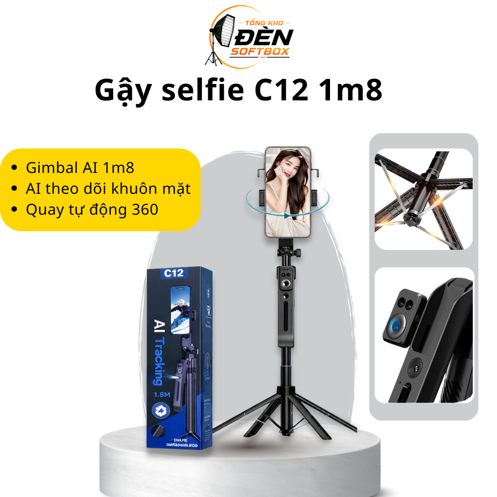 Gậy Selfie Tripod C12 1m8: Gimbal AI Tracking Tự Theo Dõi, Xoay 360°, Remote Bluetooth Quay Video, L