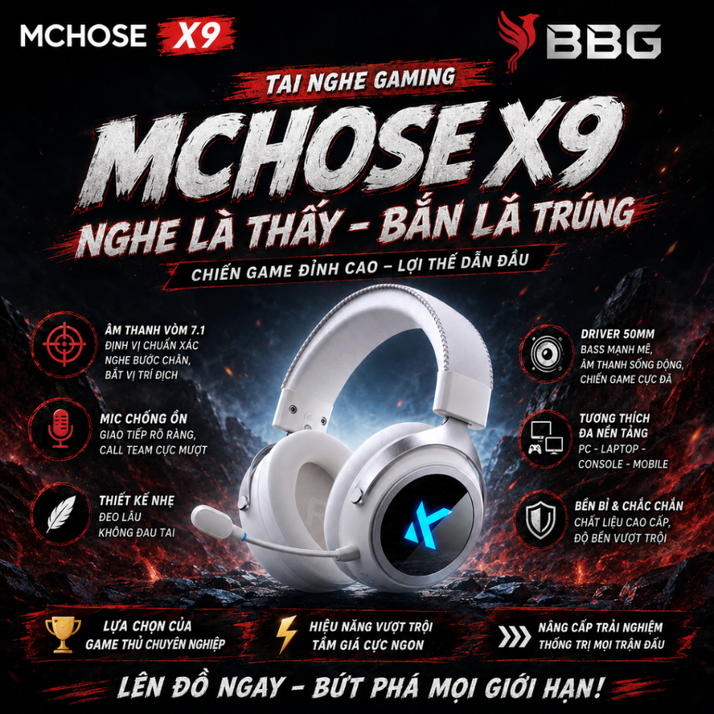 [BH 12 THÁNG] Tai Nghe Gaming Không Dây MCHOSE X9 Pro – 7.1 Surround, Pin Trâu 250H, Mic AI Chống Ồn