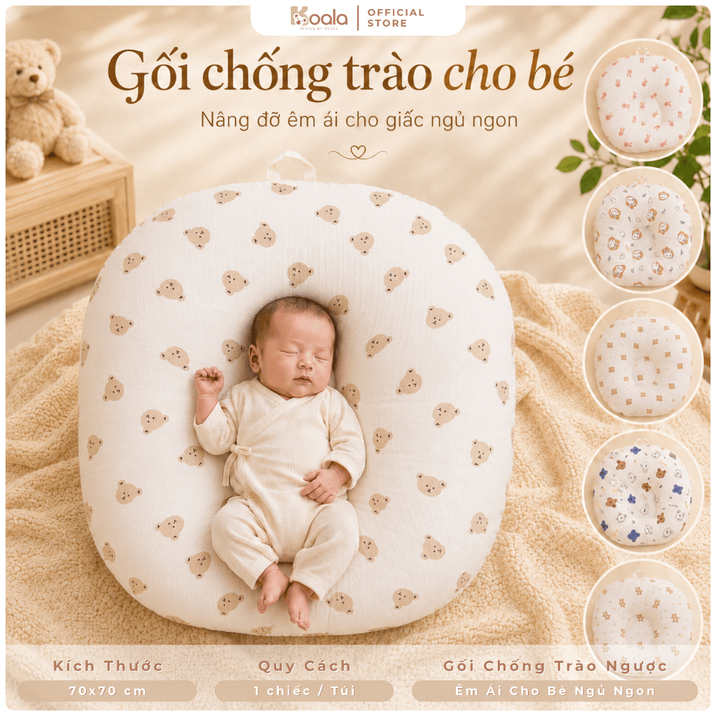 Gối chống trào ngược cho bé Koala vải Gân Đũi mềm mại, êm ái, giúp bé thoải mái, ngủ ngon