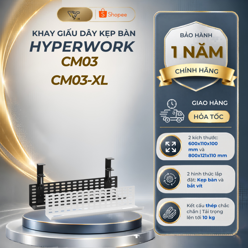 Khay đi dây HyperWork CM03 | CM03 XL | Kẹp bàn / Bắt vít - Bảo Hành 12 Tháng