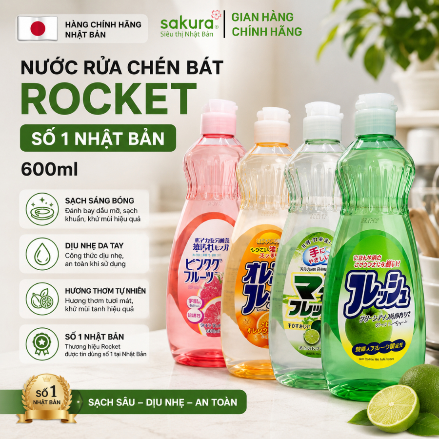 Nước Rửa Chén Bát Rocket Số 1 Nhật Bản 600ml Hương Cam, Táo, Oliu, Chanh, Bưởi Khử Mùi Tinh Chất