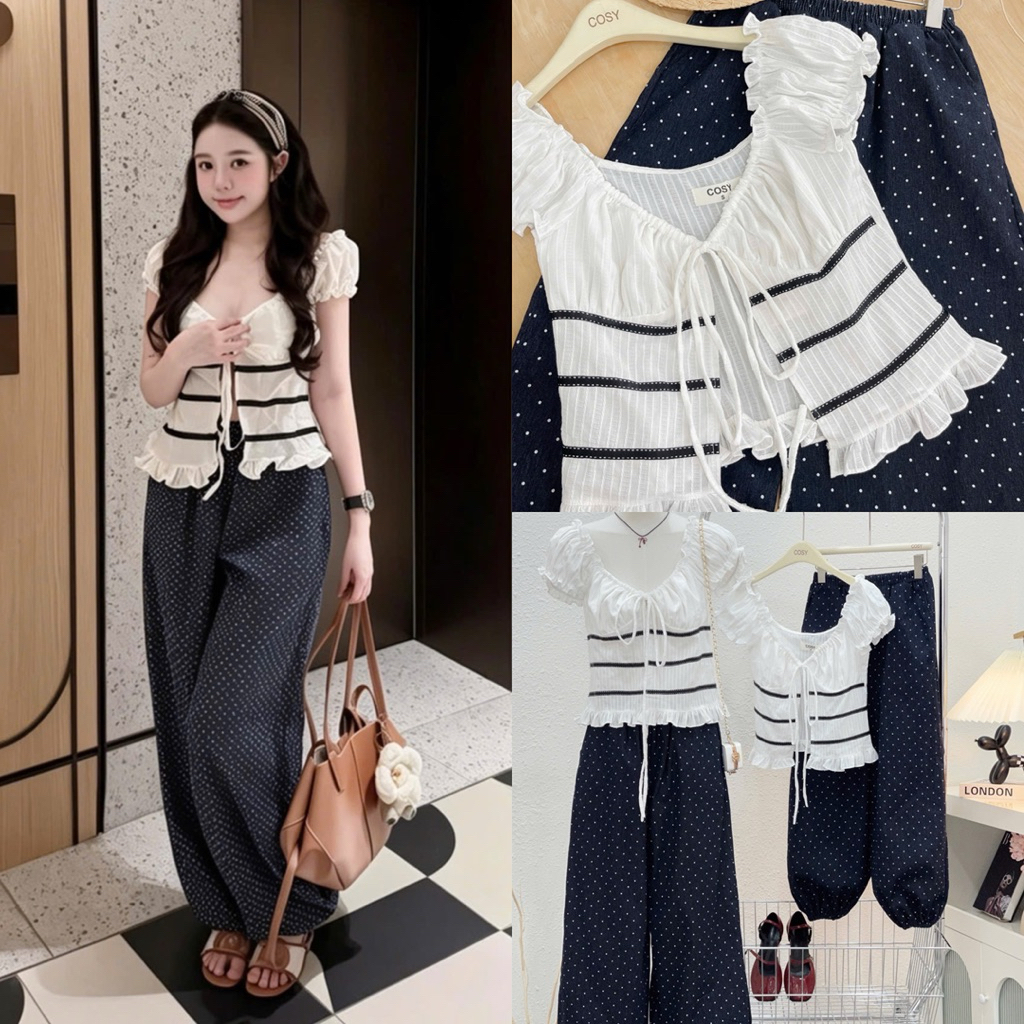 Hàng loại 1 - Set áo len tăm viền bèo ket xang cột nơ xẻ tà phối quần bi dài lưng chun bo gấu trẻ tr