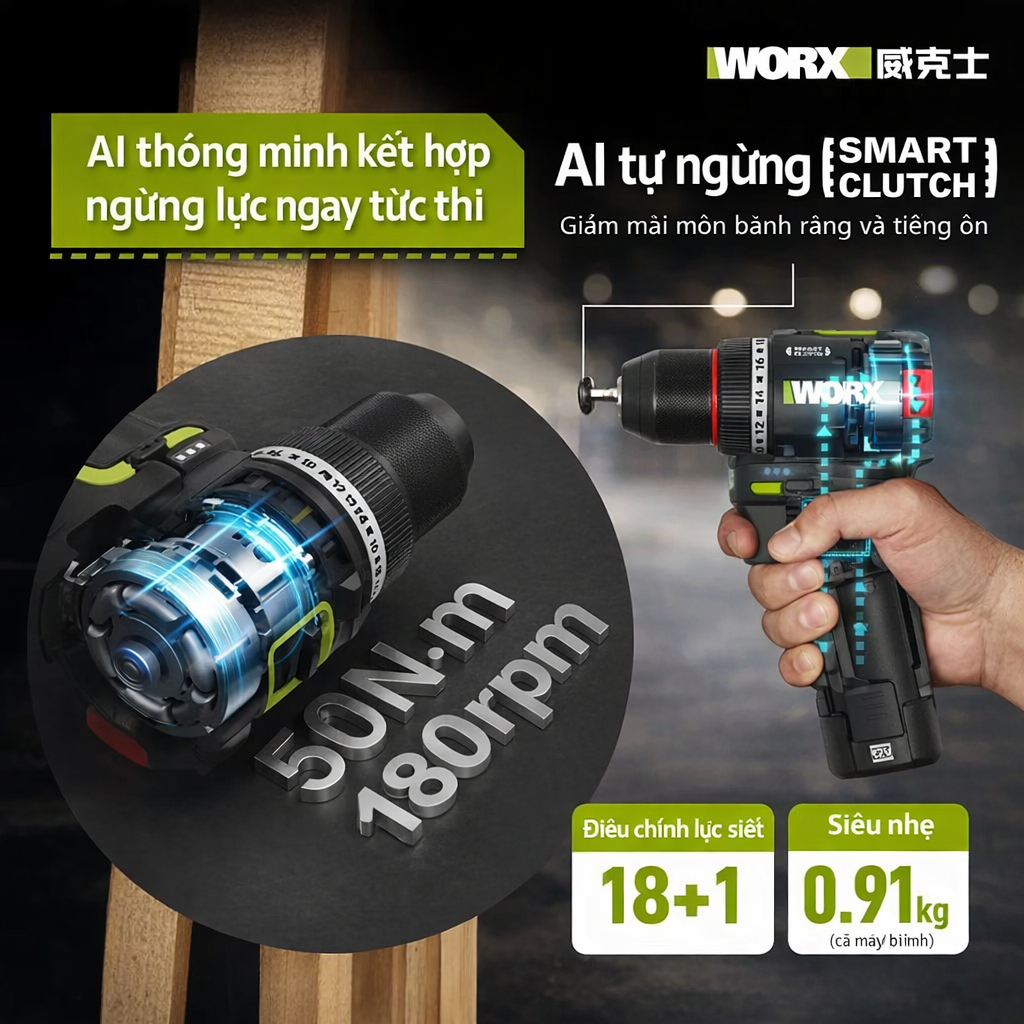 Máy khoan pin Worx WU135 trang bị ly hợp cao cấp Smart Clutch Chính Hãng ( 2 Pin & Sạc )