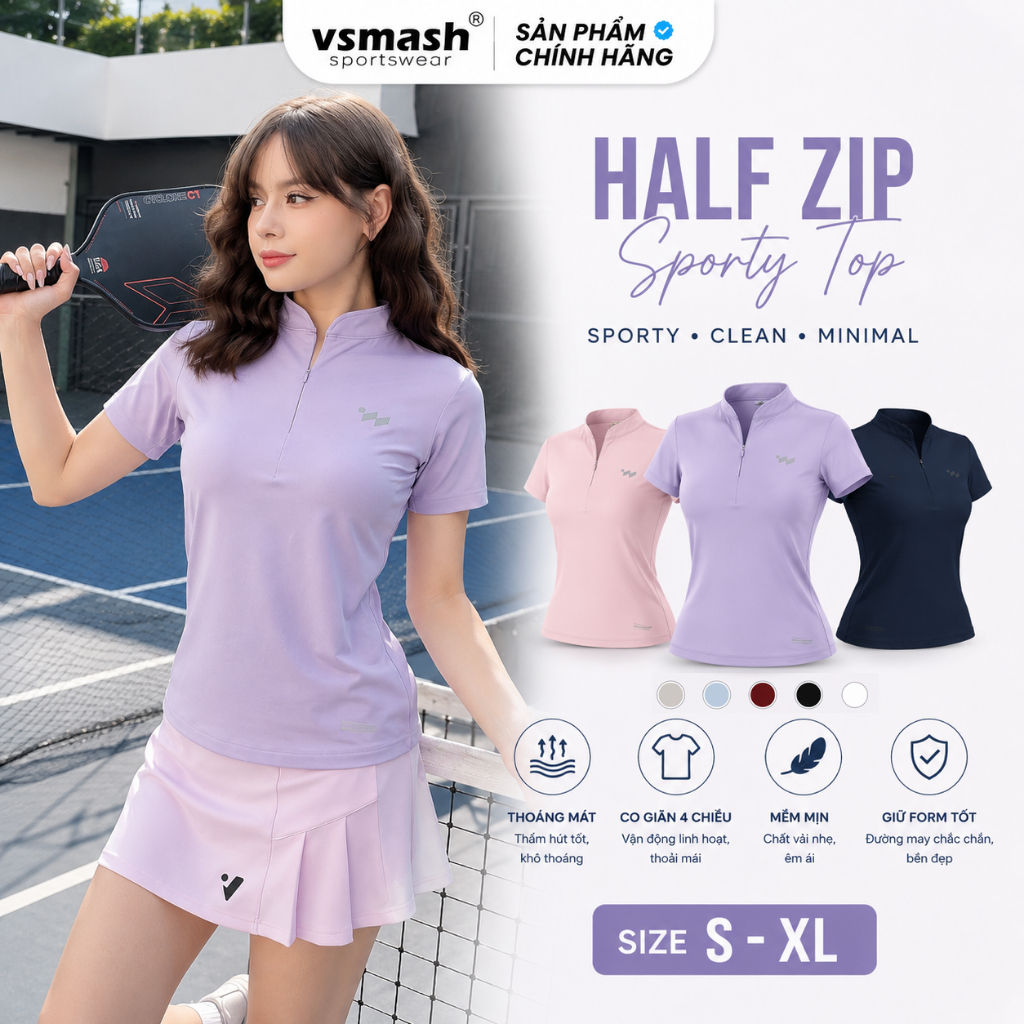 Áo Thun Thể Thao Nữ Vsmash Sportswear HALF ZIP  Cao Cấp – Co Giãn Nhẹ Mát Gym Chạy Bộ Cầu Lông Yoga 