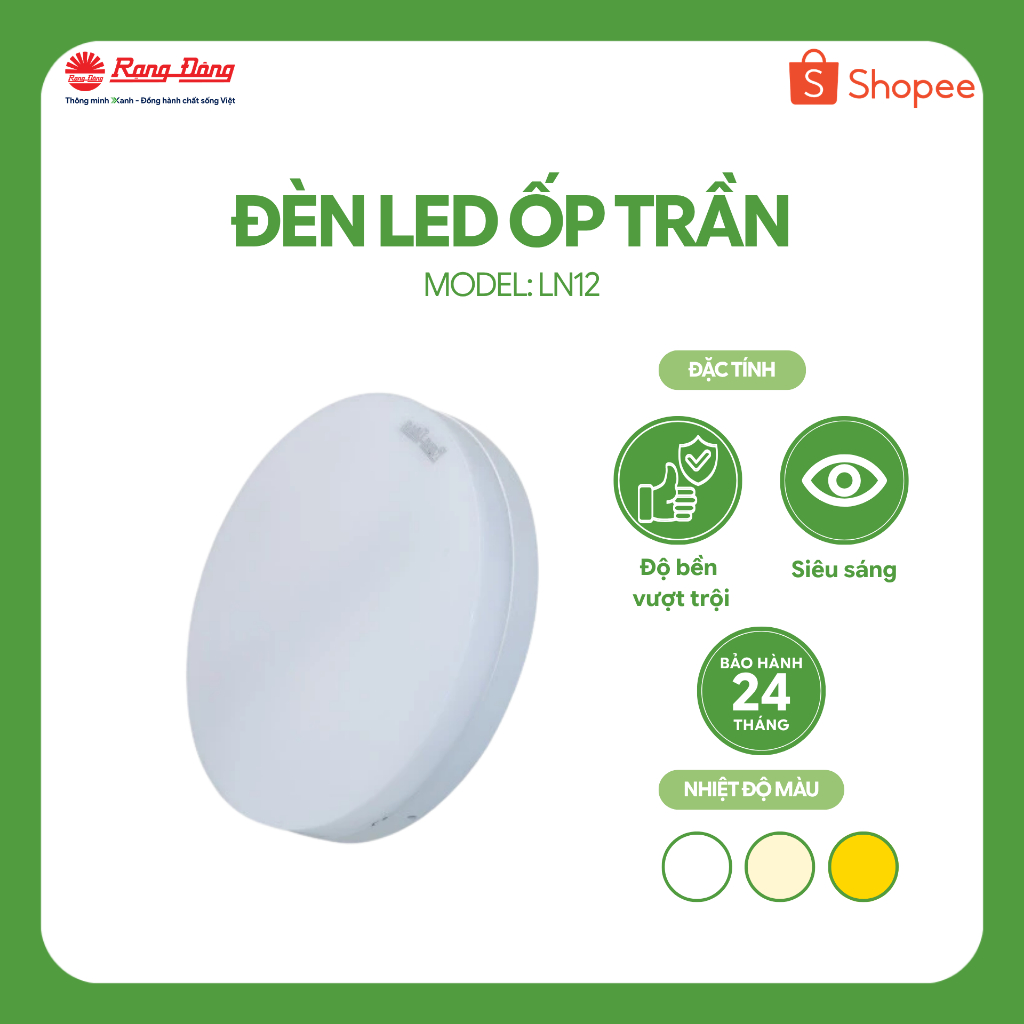 Đèn LED ốp trần tròn Rạng Đông model LN12N đế nhựa