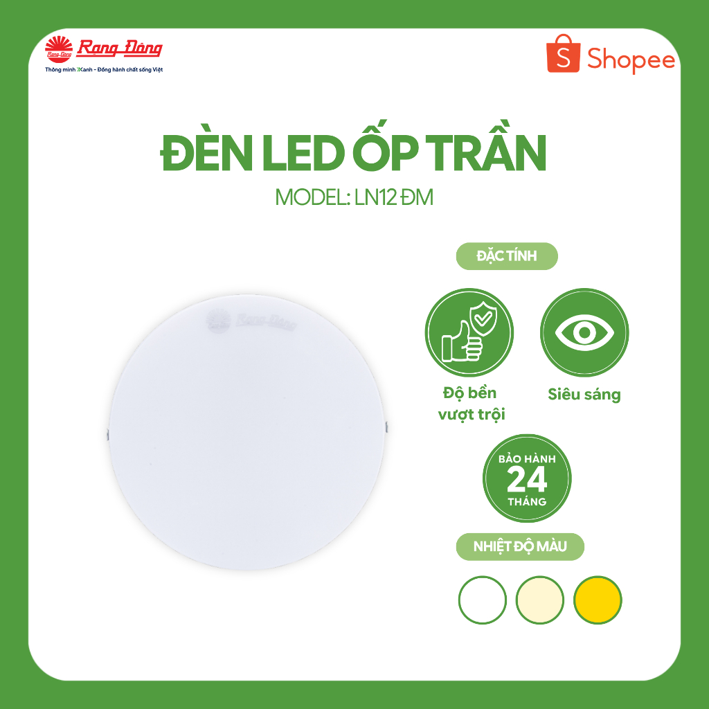 Đèn LED ốp trần đổi màu Rạng Đông model LN12 ĐM đế nhôm