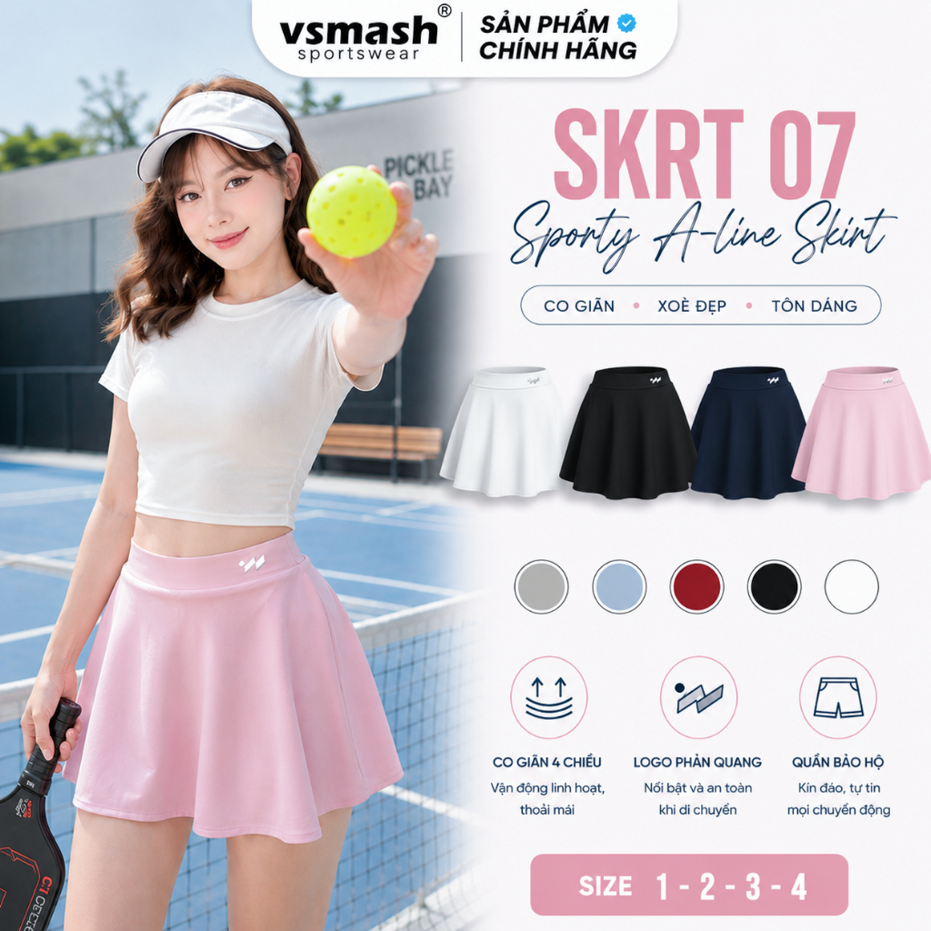 Váy Cầu Lông Vsmash Sportwear “SKRT 07 PURE ACE" Form xòe 2 Lớp Chất poly cao cấp, Mềm Mại, Co Giãn 