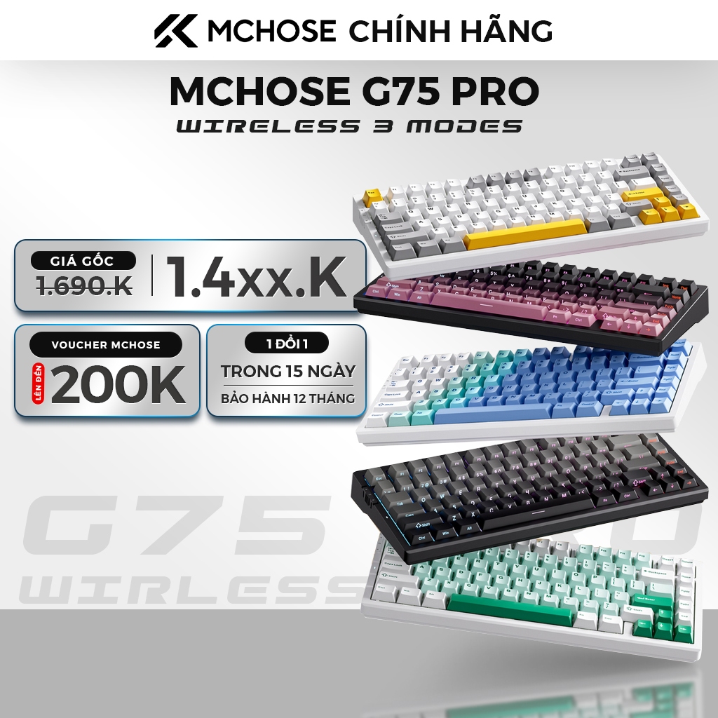 Bàn phím cơ MCHOSE G75 Pro | Tri-mode | Hotswap | Gasket | RGB | Gaming | Chính hãng bảo hành 12 thá