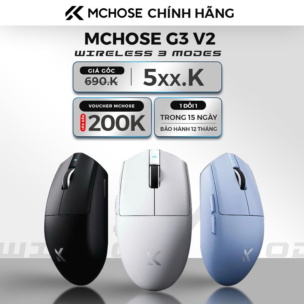 Chuột gaming MCHOSE G3 V2 Wireless | PAW3311 | Tri-mode | 59g | Giá rẻ | Chính hãng bảo hành 12 thán
