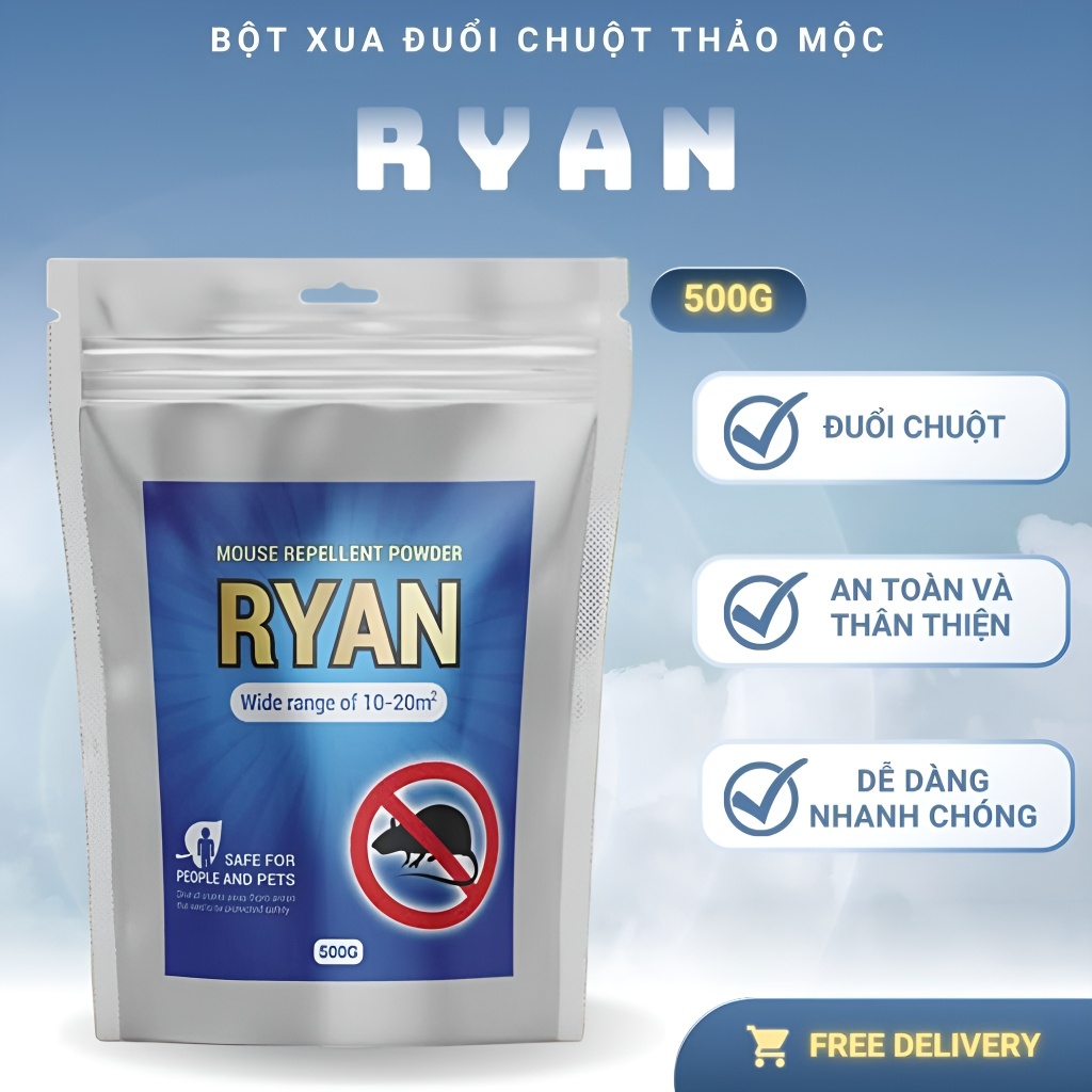 Bột Đuổi Chuột Ngoài Trời RYAN 500G – Dùng Cho Kho Lúa, Trang Trại, Vườn Cây, Nhà Kho