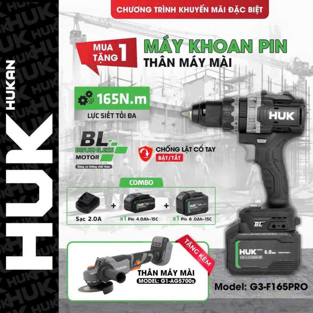 Hỏa Tốc Máy khoan pin HUKAN G3-F165PRO Lực Siết:165N.m,Có Tính Năng Anti Kickback, Tạo Xung, Tặng Mà