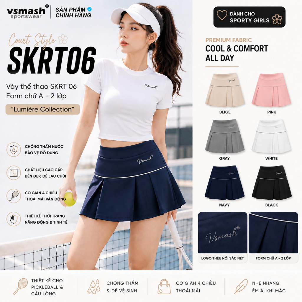 Váy Cầu Lông Vsmash Sportwear “SKRT 06-LUMIERE” Váy Thể Thao Form Chữ A 2 lớp, Poly 4 Chiều Cao Cấp,