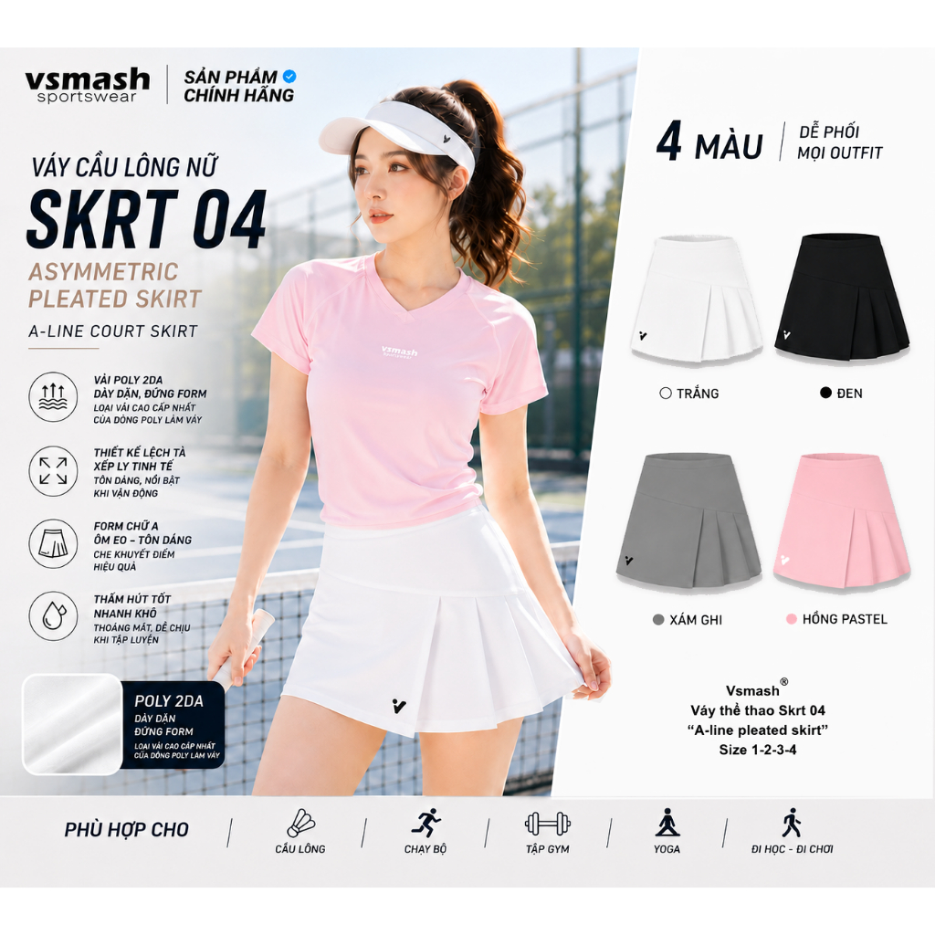 Váy Cầu Lông Vsmash Sportwear “SKRT 04” – Váy Thể Thao Ngắn Form Chữ A, Lót 2 Lớp, Umi 4 Chiều Cao C