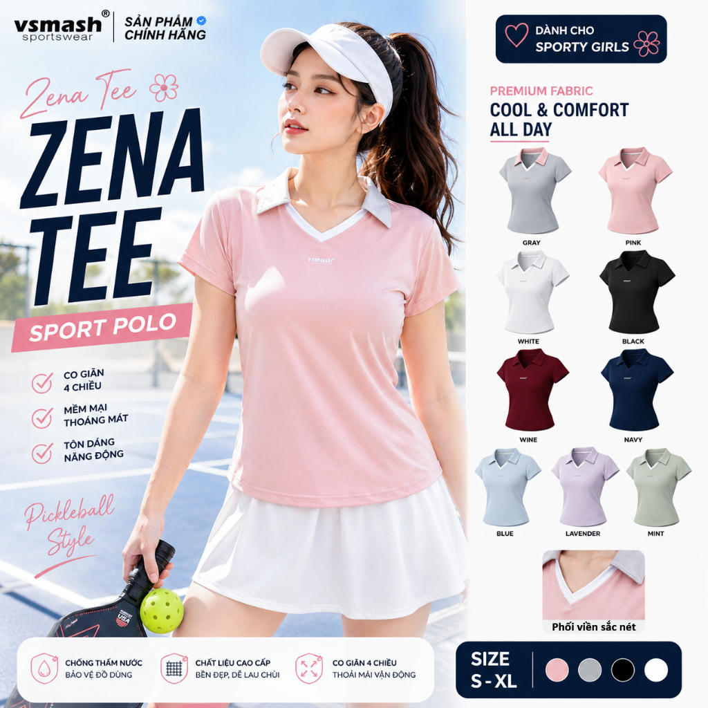 Áo Thun Thể Thao Cổ Polo ZENA Tee Vsmash Sportswear – Co Giãn Nhẹ Mát Gym Chạy Bộ Cầu Lông Yoga Tenn