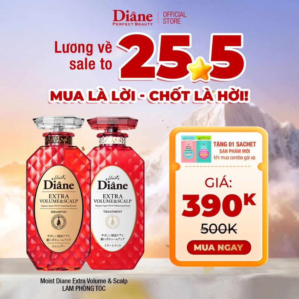 Combo dầu gội xả làm phồng tóc mỏng thưa tóc xẹp dầu bết Moist Diane Extra Volume & Scalp 450ml*2