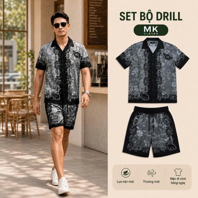 Set Đồ Bộ Nam Drill MK CLEVER chất lụa mịn mát, áo thiết kế cổ Cuban thoáng mát, co giãn, form dáng thoải mái, trẻ trung