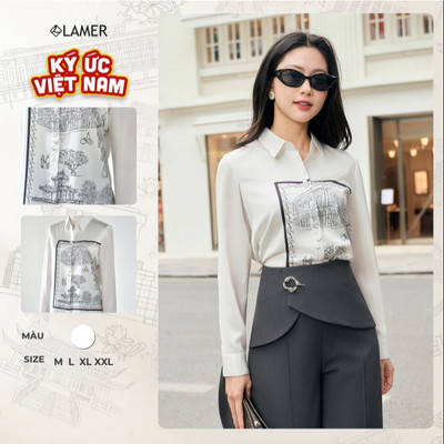 Áo Sơ Mi Lụa Công Sở LAMER FASHION Dáng Suông Dài Tay In Họa Tiết Thiết Kế KUVN L61H24Q018 O61H26Q005