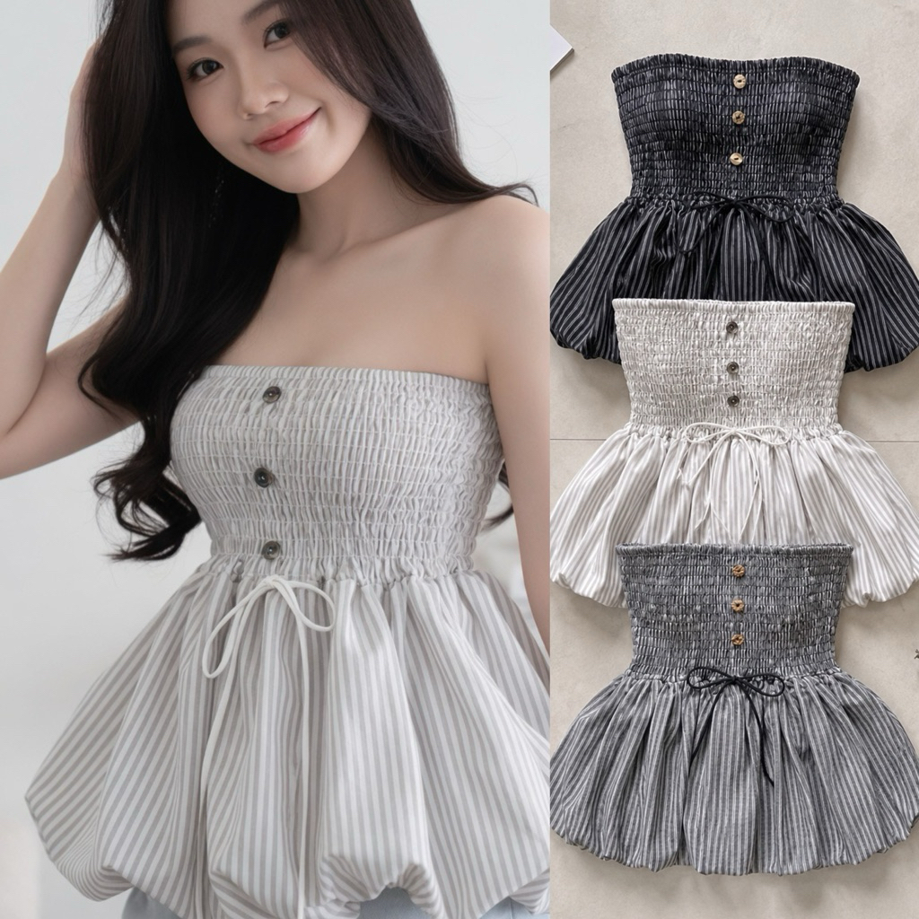 Áo Cúp Ngực Thiết Kế Dáng Babydoll Bí Xoè Che V2 Phối Nút Gỗ Chất Linen Kẻ Sọc (ảnh & vid thật ở cuố